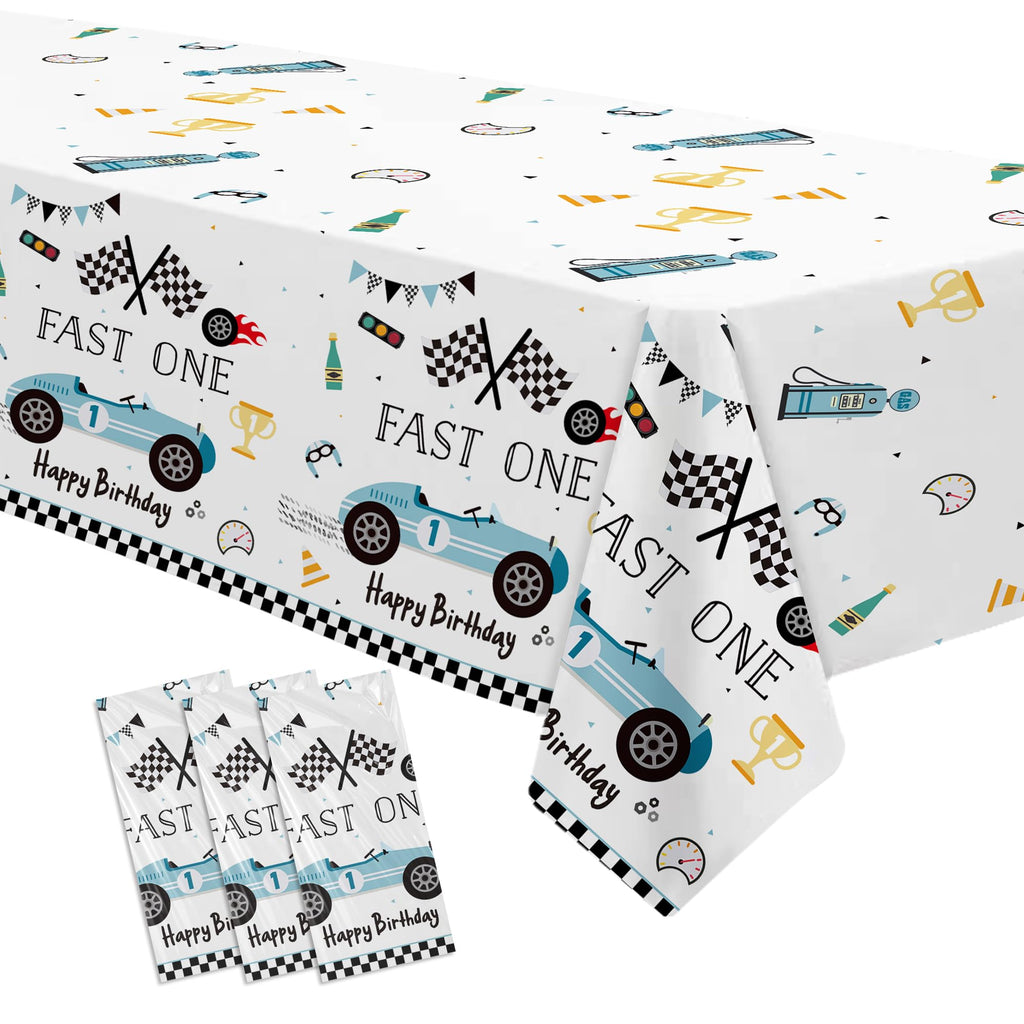 Suhelkit Fast One Birthday Decorations for Boys Tablecloth - Blue Race Car 1st Birthday Party Supplies Table Covers for Racing Car First | 3 Pack (54in x 108in)
