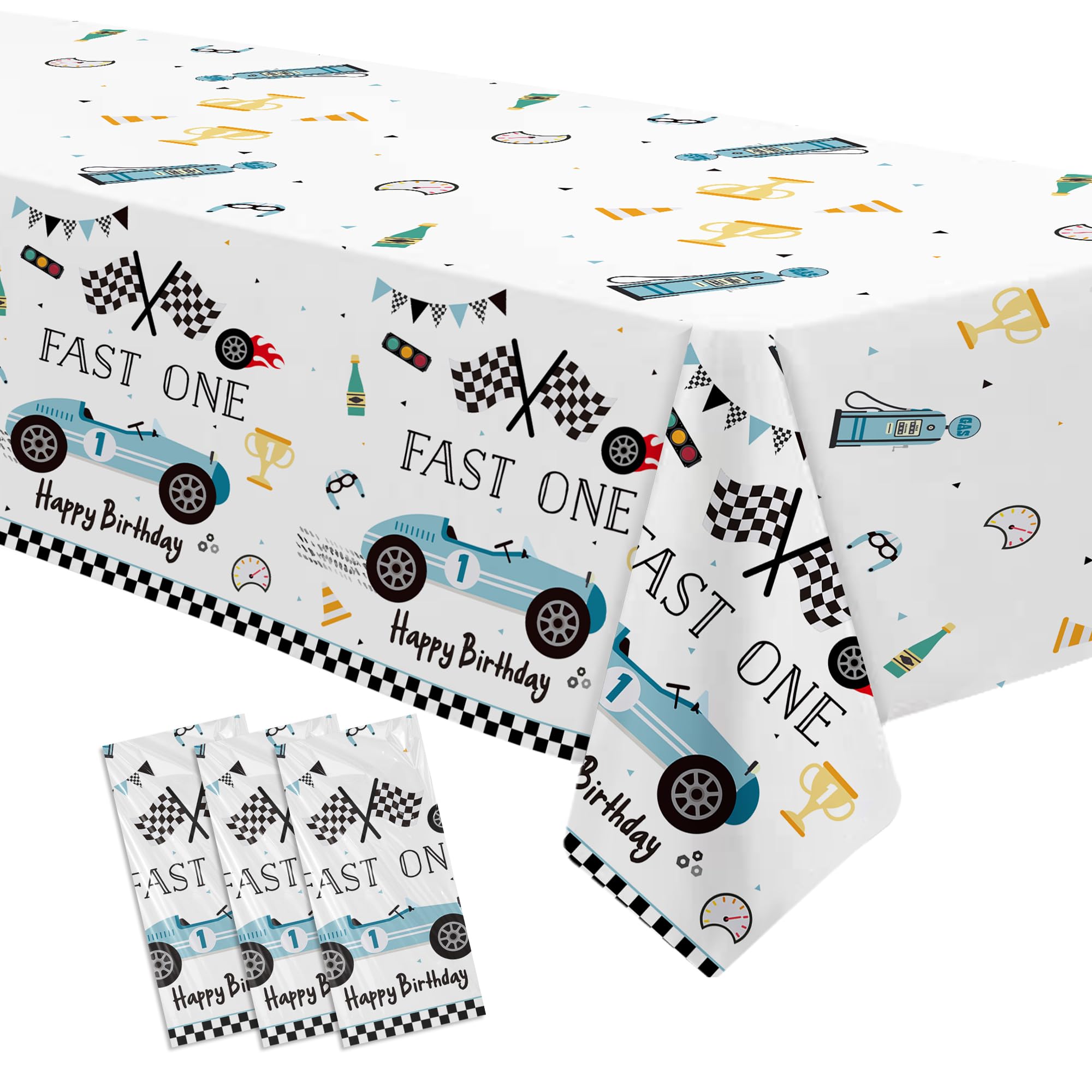 Suhelkit Fast One Birthday Decorations for Boys Tablecloth - Blue Race Car 1st Birthday Party Supplies Table Covers for Racing Car First | 3 Pack (54in x 108in)