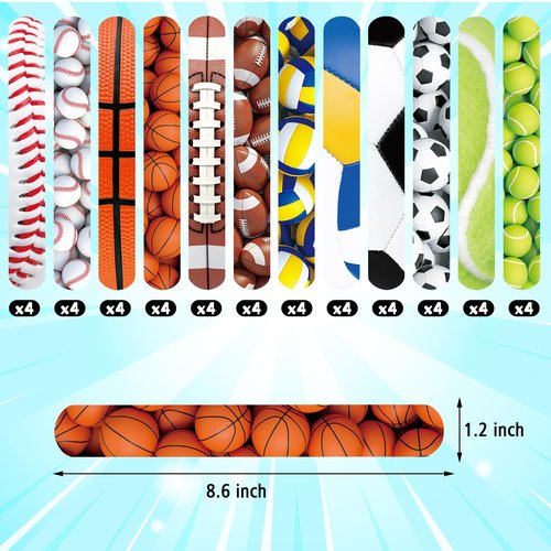 Sports Slap Bracelets Set 48 Counts Sports Party Favors Football Basketball Soccer Baseball Volleyball Tennis Accessories Party Favors Bracelets Wristbands Football Party Supplies Classroom Prize