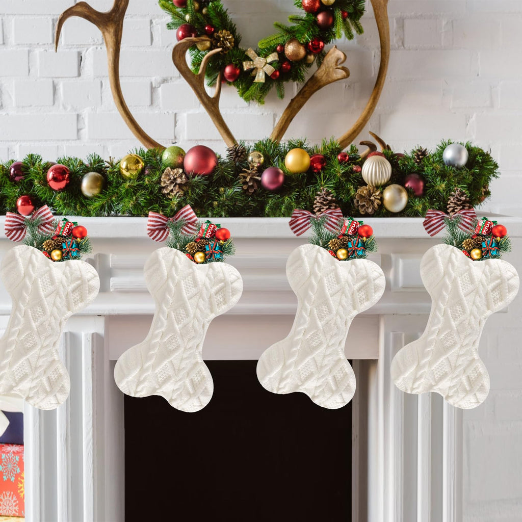 Doitory Dog Christmas Stocking, Large Bone Shape Knit Christmas Stockings for Dogs, Xmas Party Hanging Stocking for Fireplace Tree Gift Home Decoration (White)