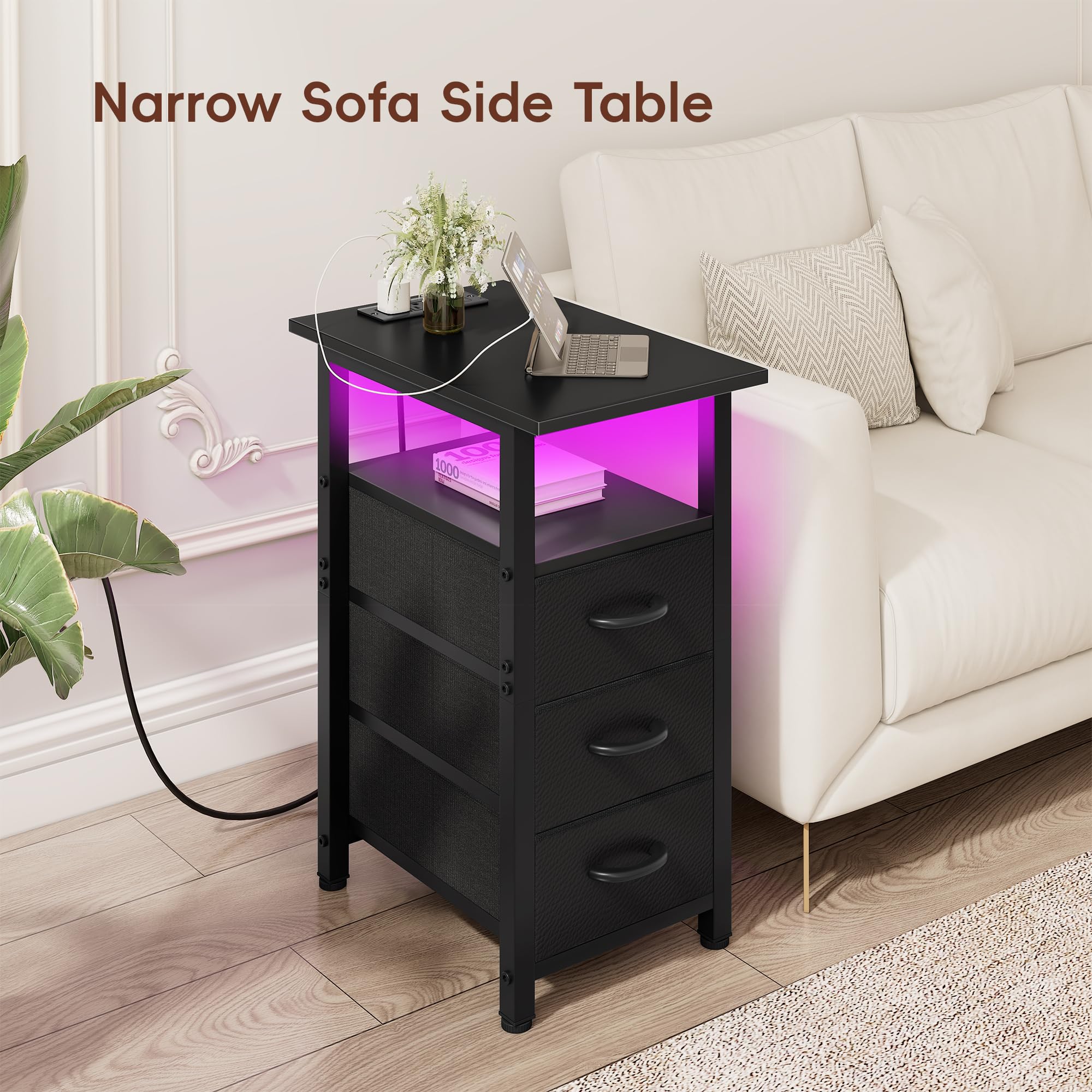 Vagusicc Black Nightstand with Charging Station and LED Lights, Narrow End Table, LED Nightstand with 3 Fabric Drawers for Bedroom, Small Night Stand, Narrow Side Table for Small Spaces, Black