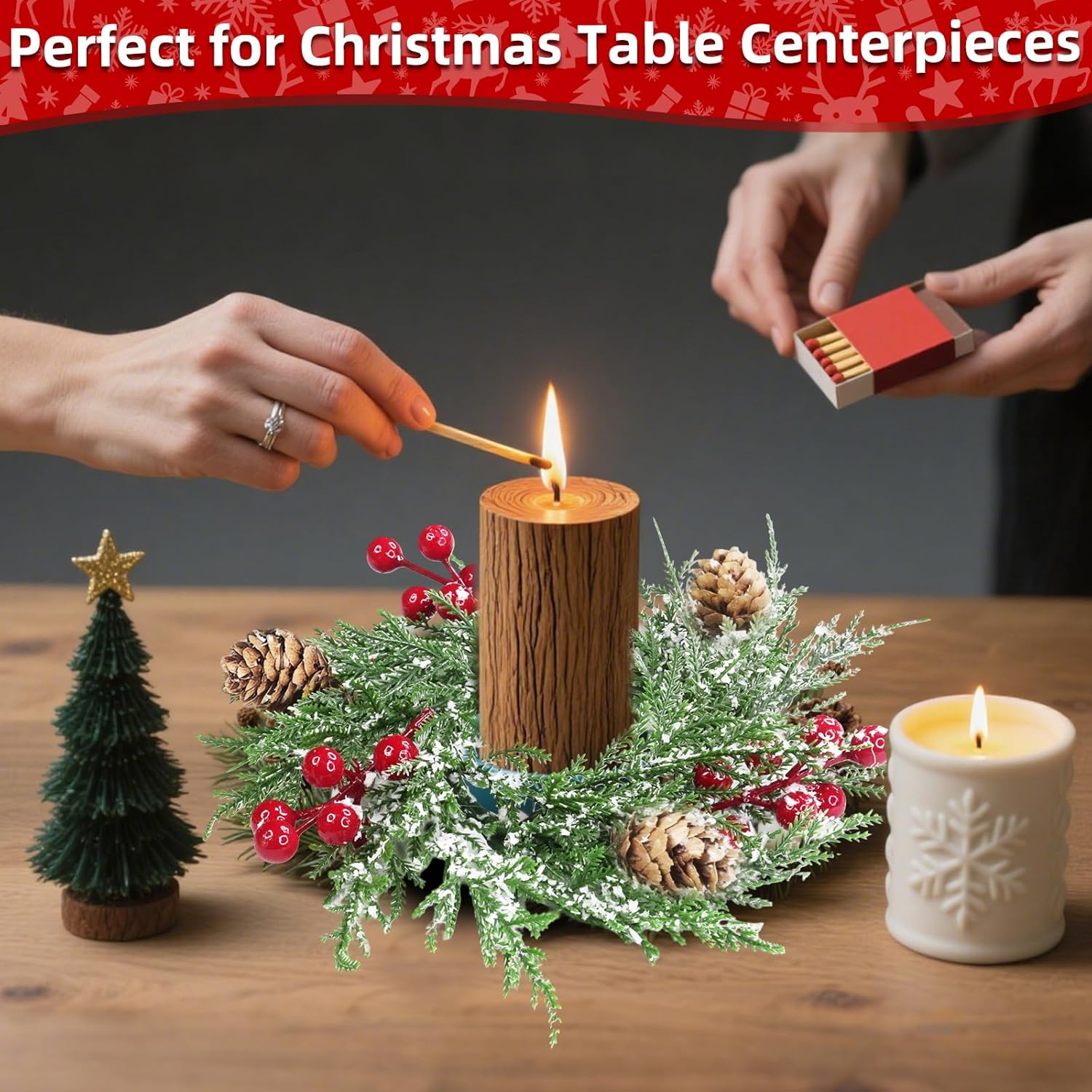 Skiennix Mini Christmas Wreath Candle Rings - 4 Pack Snowy Cypress Decor | 9"x3.5" with 20 Branches, 21 Red Berries & 3 Pinecones
