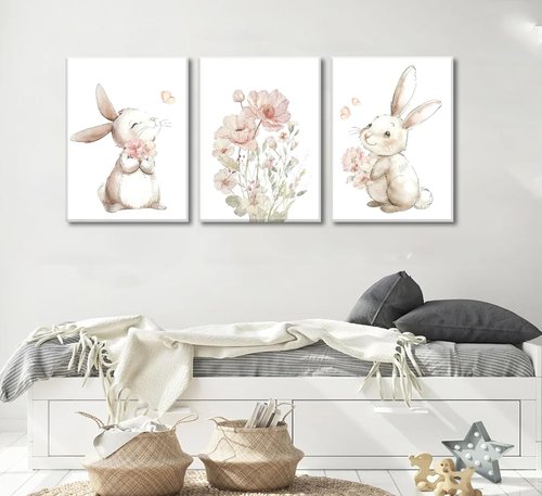 Grengel Pink Bunny Canvas Wall Art - Cute Rabbit with Wildflowers | Botanical Decor for Nursery