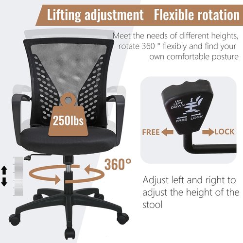 FDW Ergonomic Office Chair - Adjustable Mid Back Swivel Desk Chair with Lumbar Support | Black Mesh