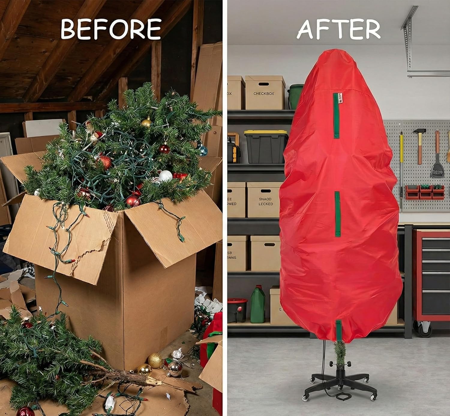 Upright Christmas Tree Storage Bag - Durable Dustproof Cover for 5 Ft Artificial Trees | Easy-Use Red Holiday Storage