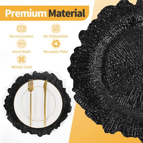 24 Pcs Black Charger Plates Bulk 13 Inch Plastic Charger Plates for Dinner Plate, Black Chargers for Table Setting, Reef Design Plate Floral Decorative Round Chargers for Wedding Party, Event