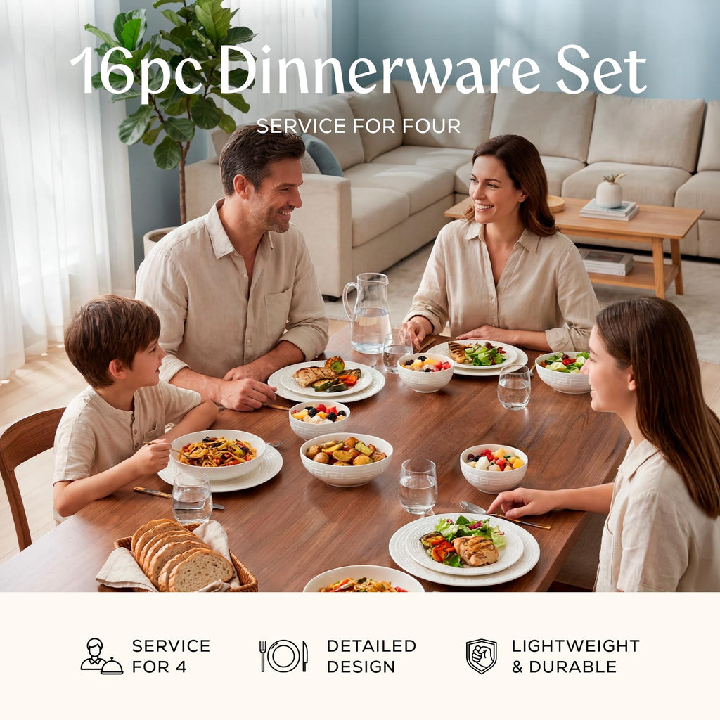 Joseph Sedgh Collection 16-piece Porcelain Dinnerware Set, Service for 4, Greek Key White