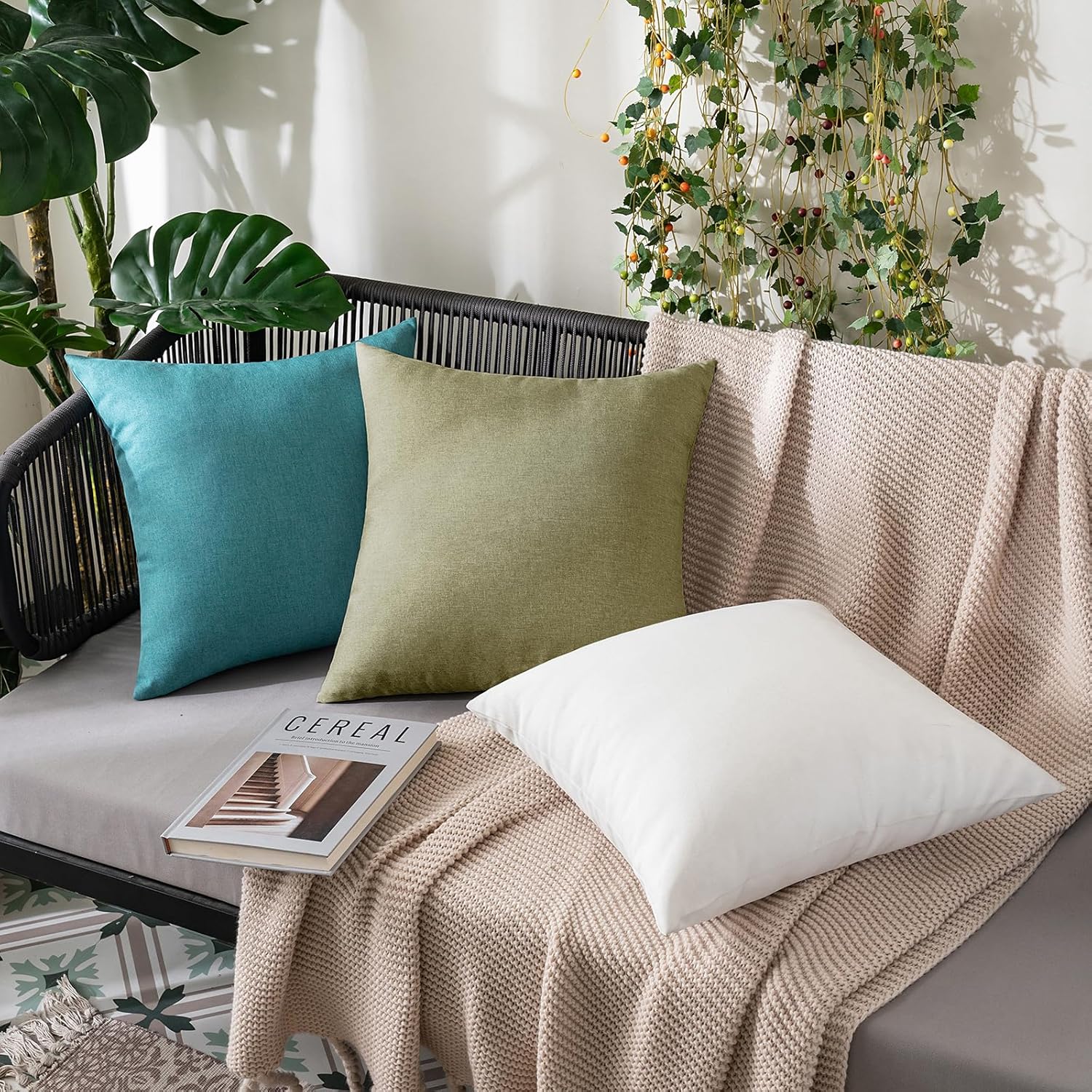 MIULEE Decorative Outdoor Throw Pillow Covers - Waterproof Faux Linen Cushion Cases | 18x18 Inch Light Olive Green (Pack of 2)