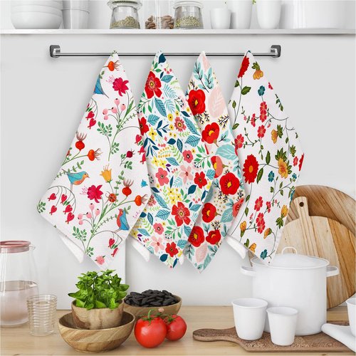 JDGHGB 4Pcs Kitchen Dish Towels,Microfiber Cloth Floral Dish Towels,Housewarming Gift for Kitchen Stuff Decor Accessories,16 x 24 in
