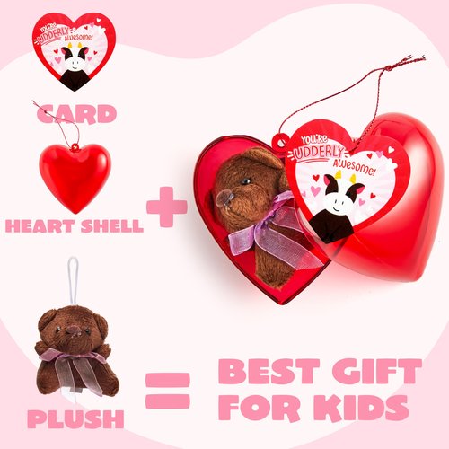 JOYIN 28 Pack Valentines Day Gifts for Kids Prefilled Hearts with Plush Toy Keychain and Valentines Day Cards for Kids Classroom Exchange, Party Favors, Gift Exchange, Game Prizes