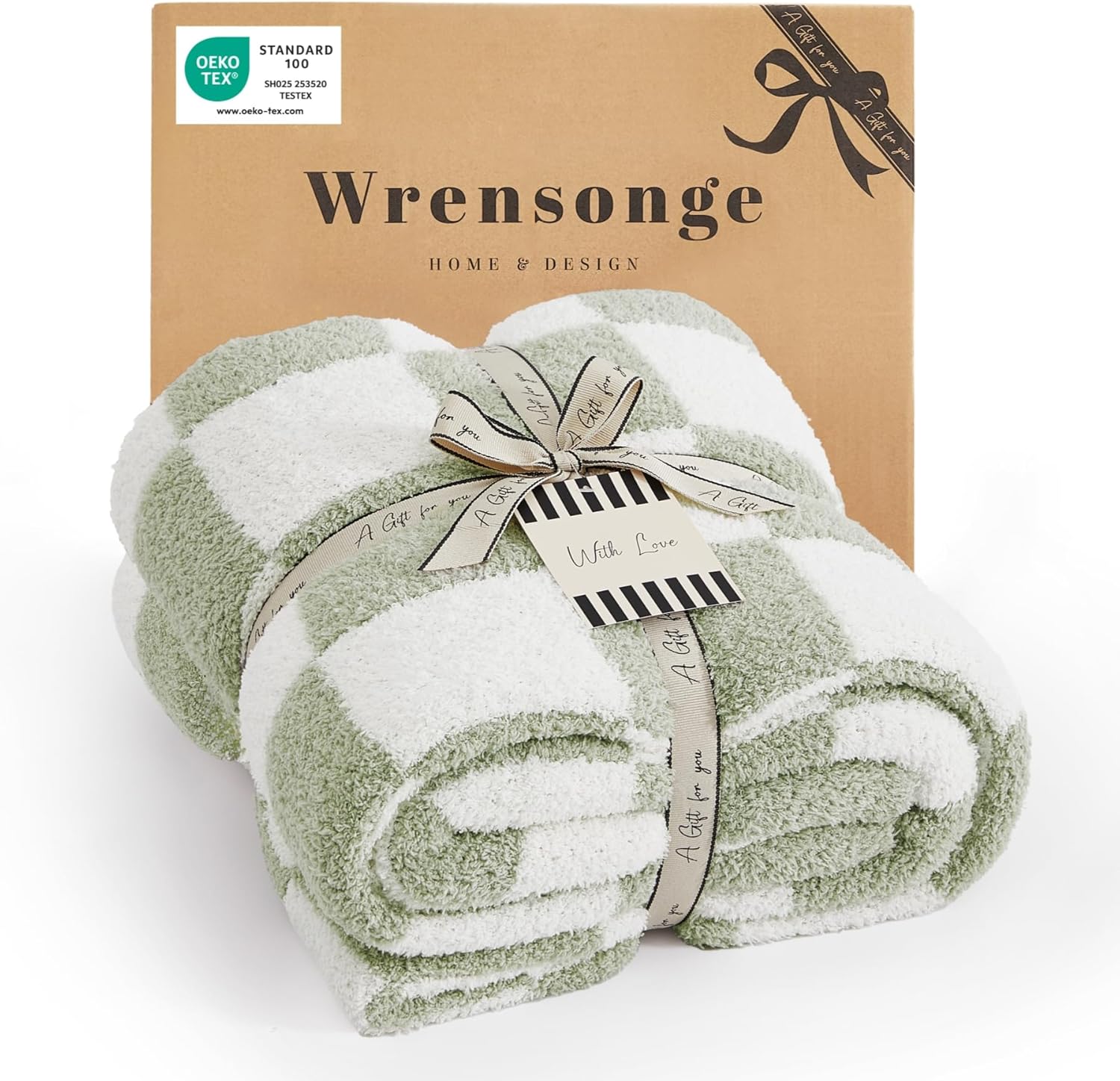 WRENSONGE Checkered Throw Blanket - Soft Sage Green Cozy Handmade Blanket for Couch, Sofa, Travel