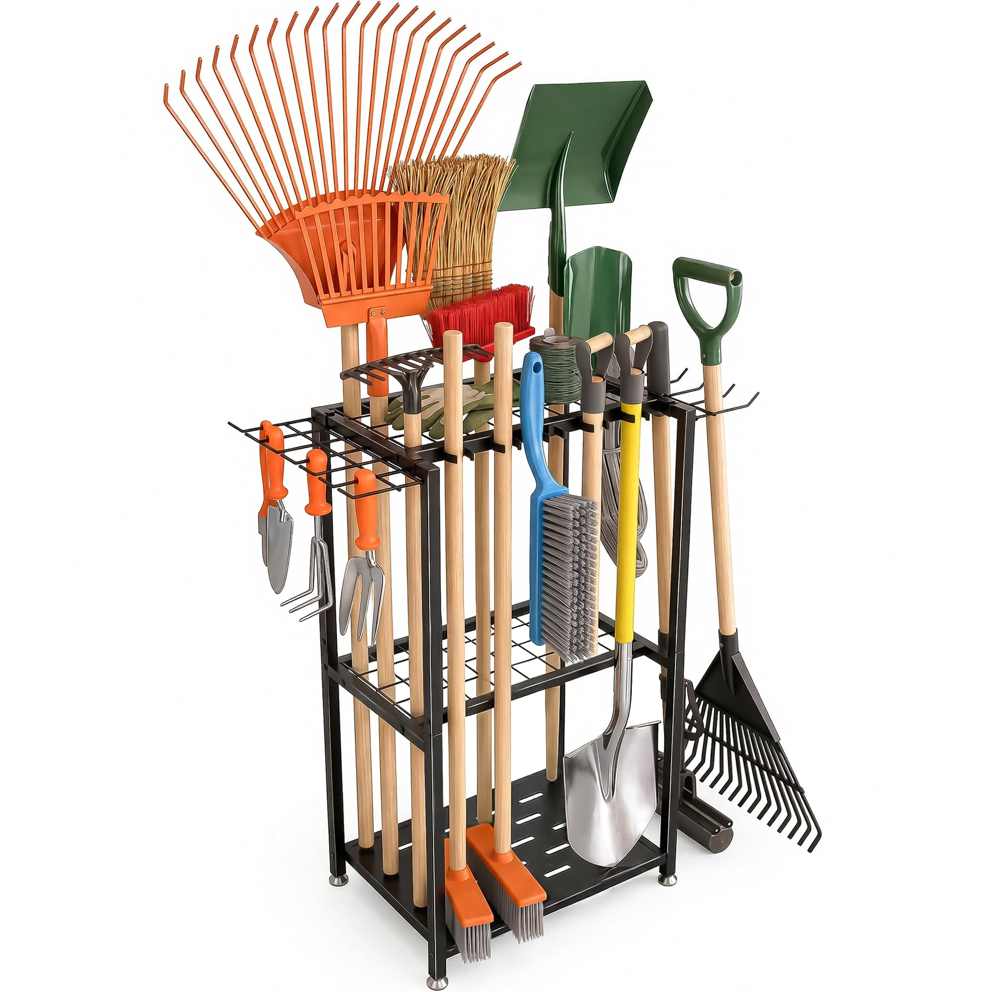 Faesun Garden Tool Organizer, 3-Tier Metal Yard Tool Rack with 14 Hooks & 5 Slots, Holds 50+ Rakes/Shovels/Brooms, Heavy Duty Freestanding Lawn Tool Storage for Garage Shed Outdoor Organization