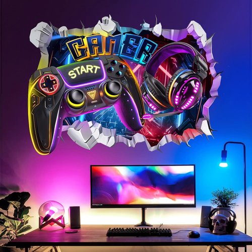 Decalmile Large 3D Game Wall Decals - Gamer Controller & Joystick Stickers for Teen Bedrooms | Playroom Decor