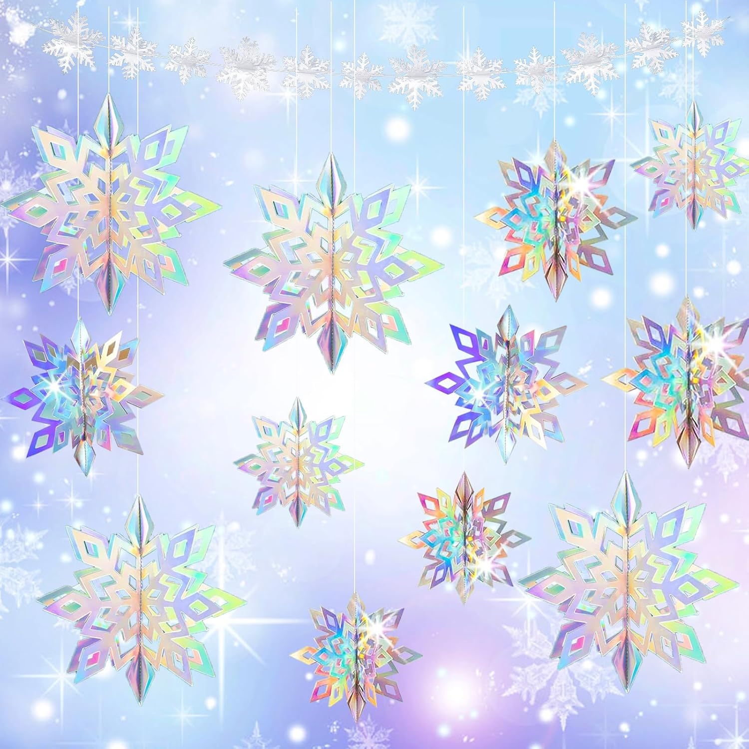 Regine Switzerland 24 PCS Snowflake Christmas Hanging Decor - 12 Glittery & 12 White Paper Snowflakes for Winter Holiday Parties