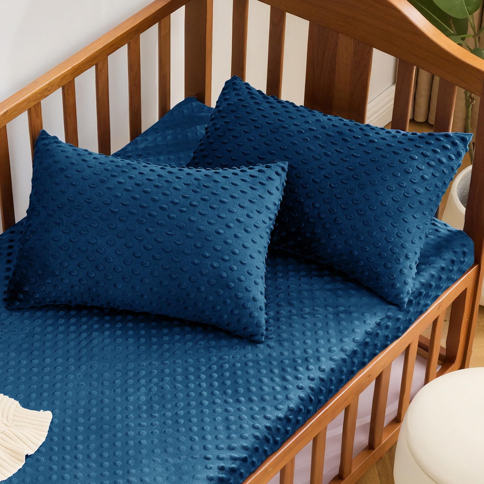 Entisn Pack N Play Sheets Fitted, 26 x 38 Inch Minky Dot Mini Crib Sheet for Boys, Soft and Warm Fleece Nursery Bedding for Most Mini Crib Mattresses (Navy Blue)