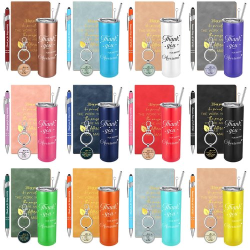 Ireer Employee Appreciation Gifts Thank You Teacher Gifts 20 oz Insulated Tumbler Keychain Pen Notepad(Stylish Colors,12 Sets)