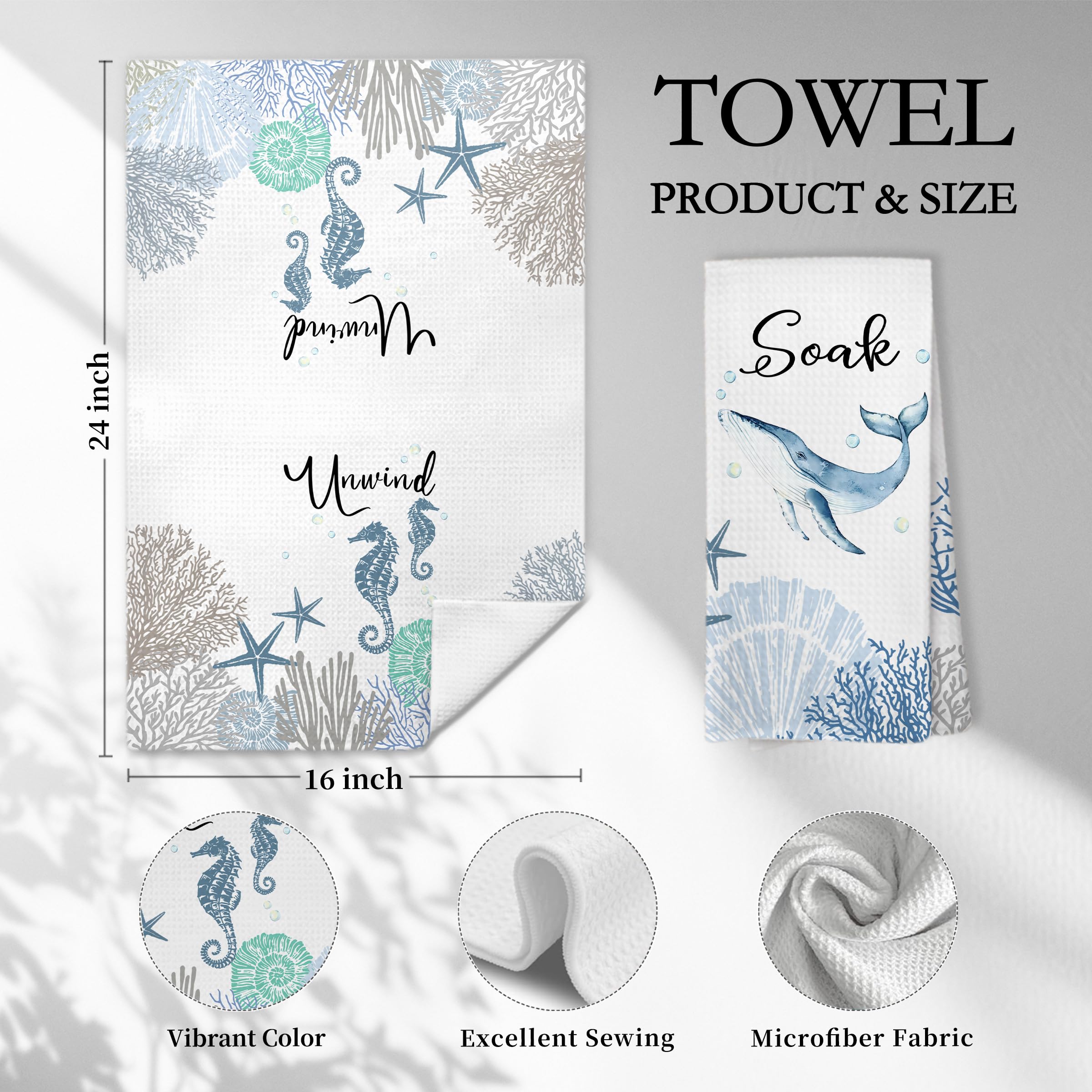 WARDOS Coastal Hand Towels for Bathroom Set of 4, Relax Breathe Soak Unwind Decorative Hand Towels for Gym Yoga Spa Bathroom Kitchen Decor, 16x24 Inch