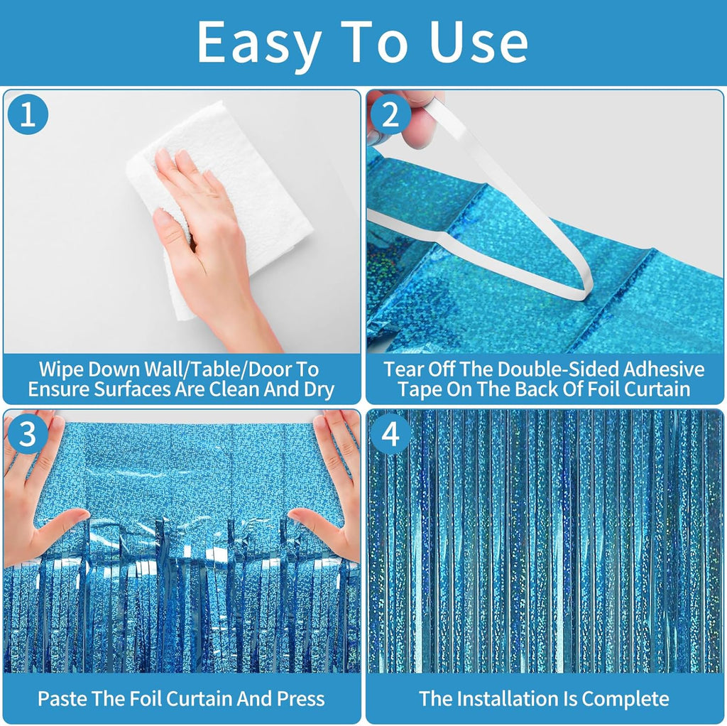 Picoway Blue Laser Foil Fringe Tinsel Backdrop Curtains - 4 Pack Ocean Themed Party Decor | Perfect for Birthdays, Engagements, and Showers