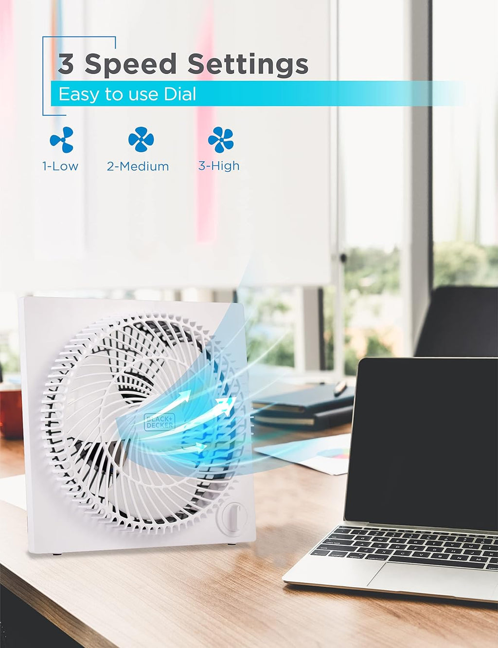 BLACK+DECKER 9-Inch Frameless Box Fan - Portable 3-Speed Desk Fan for Home Office & Garage, White