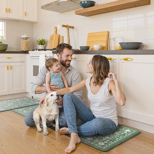 KIMODE Comfort Kitchen Mats for Floor Cushioned Anti Fatigue,Farmhouse Floral Spring Kitchen Rugs Sets of 2 Non Slip,Memory Foam Standing Carpet for Laundry Sink Office,Green
