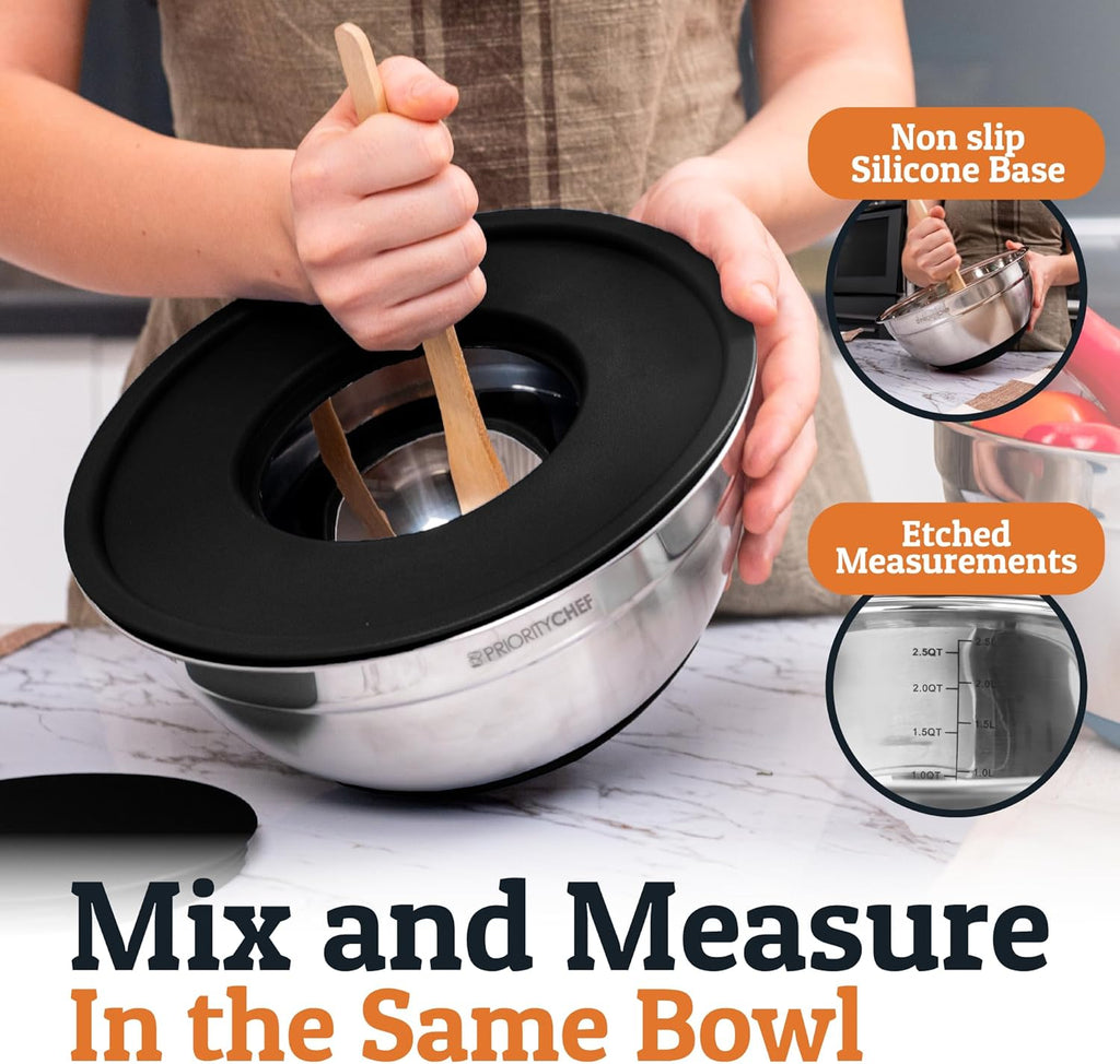 Priority Chef Stainless Steel Mixing Bowls Set - 30-Piece Kitchen Set with Airtight Lids & Non-Slip Bases