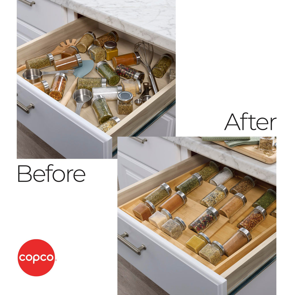 Copco 4 Tier Expandable Bamboo Spice Organizer for Drawers, Adjustable from 12.2 inch to 23 Inch, In Drawer Rack for Kitchen, Holds 32 Jars, Durable & Eco-Friendly Spice Storage Solution