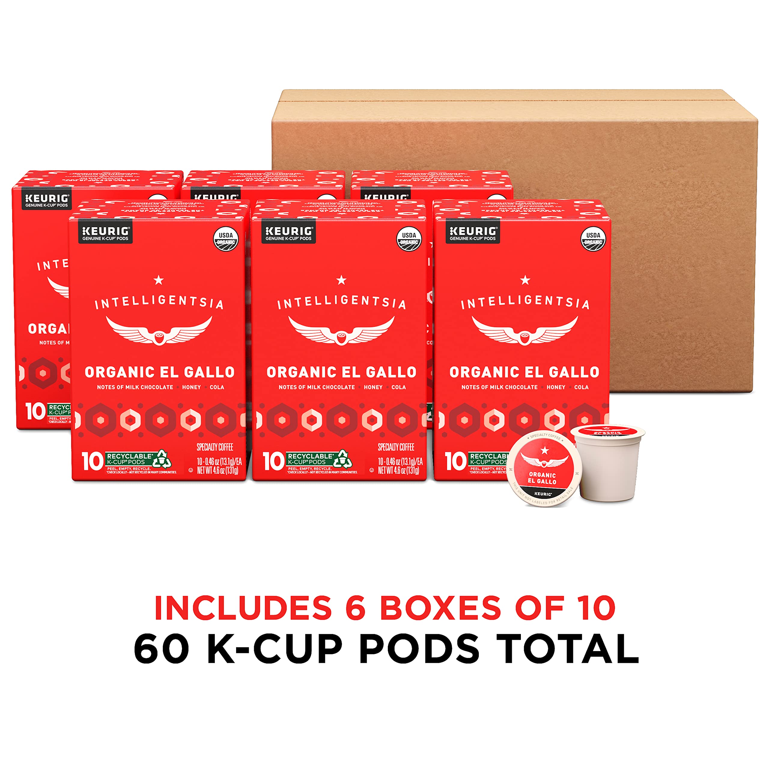 Intelligentsia Coffee, Light Roast K-Cup Coffee Pods for Keurig Brewers - Organic El Gallo 60 Count with Flavor Notes of Milk Chocolate, Honey and Cola (6 Boxes of 10 K-Cup Pods)