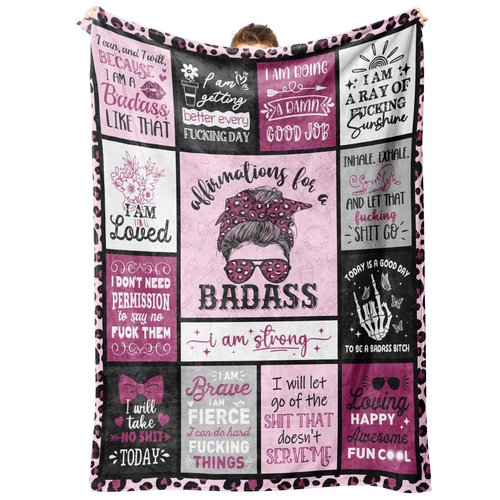 Craftique Birthday Gifts for Women, Affirmations for a Badass Blanket, Galentines/Daily Motivational/Inspirational/Self Care Blanket for Women, Funny Practical Badass Affirmations Blankets, Soft