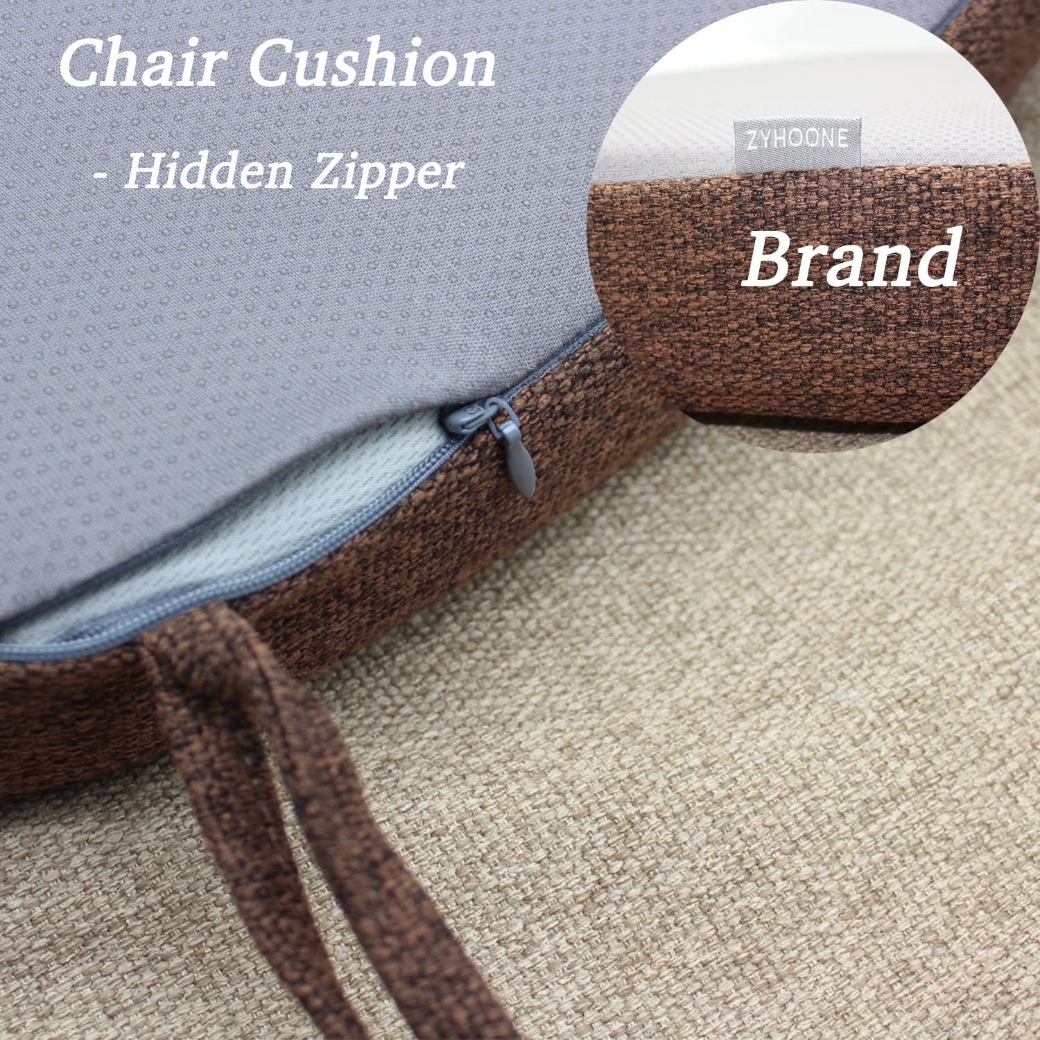 ZYHOONE Chair Cushion with Ties for Kitchen Chair - Thick Memory Foam Indoor Seat pad,Dining Room Cushion with Machine Washable Cover [15 X 15 X 2 Inches] - (Dark Brown,4)