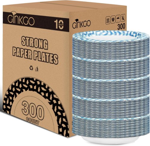 Ginkgo 10-Inch Heavy-Duty Paper Plates - 300 Count Bulk Pack for Parties, Picnics & Everyday Use