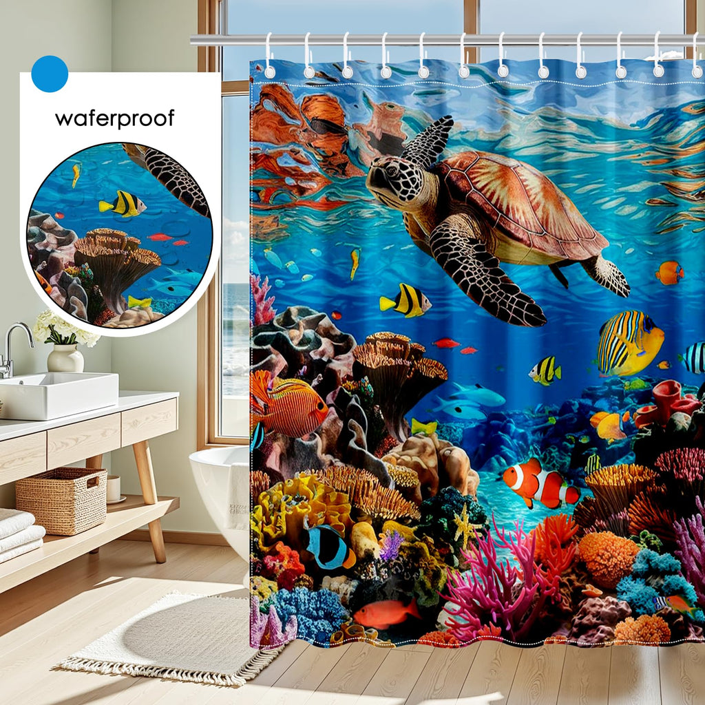 Mocsicka Ocean Shower Curtain Sea Turtle Underwater World Bathroom Decor for Kids Under The Sea Shower Curtain for Bathroom Fishes Coral Waterproof Bath Curtain with Hooks (71x71 Inch, Ocean)
