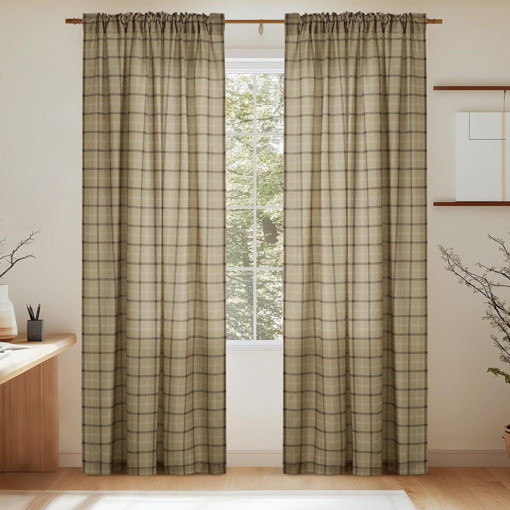 NICETOWN Linen Plaid Curtains - 84-Inch Light Filtering Privacy Shade | Semi-Sheer Grid Pattern, 1 Pair, 52W x 84L