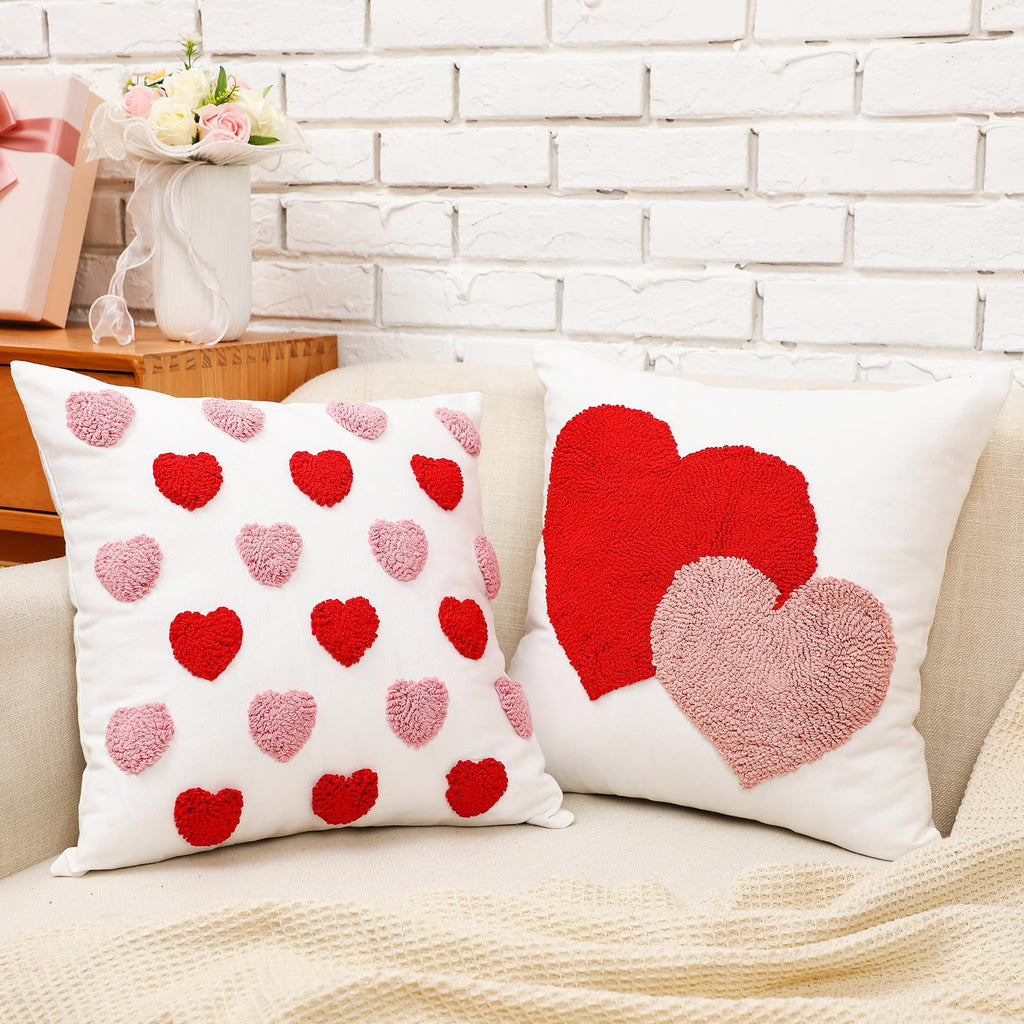 Briwooody 2 Pcs Valentine‘s Day Throw Pillow Covers 18 x 18 Inch Embroidery Cushion Covers Love Heart Pillow Cases for Sofa Bed Home Indoor Outdoor Decor Valentine Gift Couple Presents