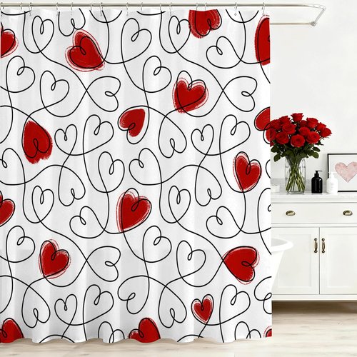 Mocsicka Valentines Day Shower Curtain, Red Heart Bath Curtain for Valentine Bathroom Decor, Waterproof Fabric Shower Curtain for Valentines Gifts for Her, 72 X 72 Inch