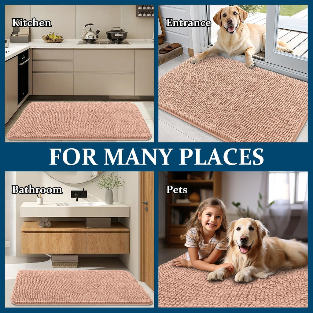 OLANLY Dog Door Mat - Absorbent Non-Slip Chenille Mat for Muddy Paws | 24x16 Peach Indoor Carpet
