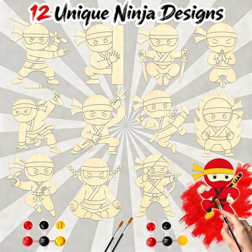 12 Pack Ninja Party Favors for Kids - Individually Wrapped Paint Your Own Wooden Magnet Craft Kits with Thank You Card, Stealthy Birthday Decorations for Boys & Girls