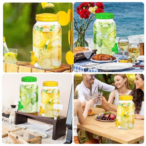 Uiifan 4 Pcs 1 Gallon Plastic Drink Dispenser for Parties Clear Plastic Beverage Dispenser Water jar with Spigot and Carrying Lid for Weddings Lemonade Juice Water Tea Beer, Yellow and Green