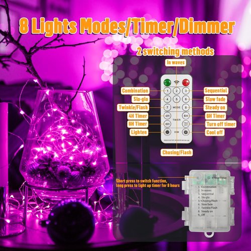 LAMPHOME 100 LED Pink Valentine Lights - Battery Operated Fairy String Lights with Remote & Timer for Indoor Decor