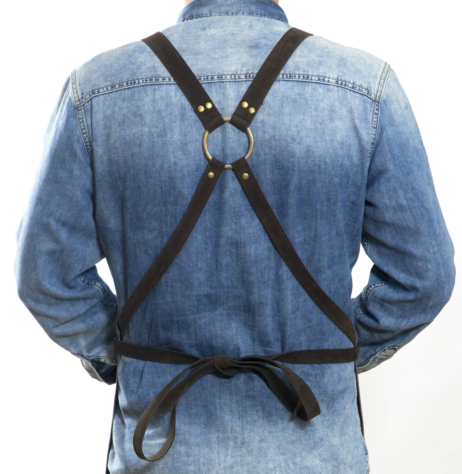 MONAPRON Denim Unisex Women and men Chef Apron with Vegan Leather Extra Pockets Adjustable Straps, Cooking Kitchen Apron for Wife Husband, Grill BBQ Server, Bartenders, Gardening Baking gray