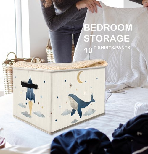 FDHSPAAM Outer Space Rocket Whale Nursery Storage Bins Box with Handles, Cosmic Galaxy Planet Star Moon Collapsible Fabric Storage Basket Box Organizer for Bedroom Bathroom Clothes Toys Books