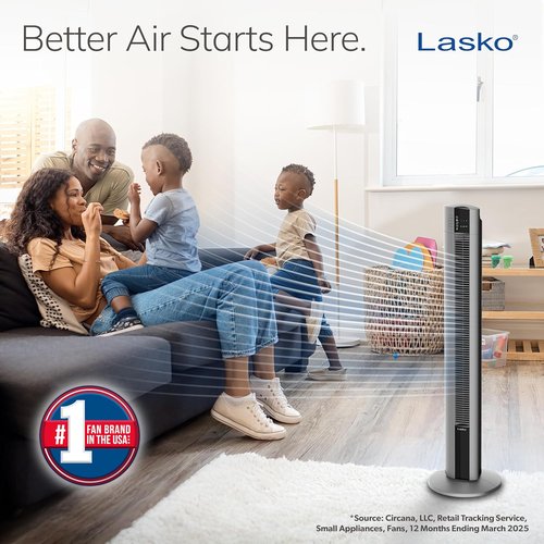 Lasko Tower Fan - High-Velocity Oscillating Room Fan with Remote Control & Timer | 48" Gray