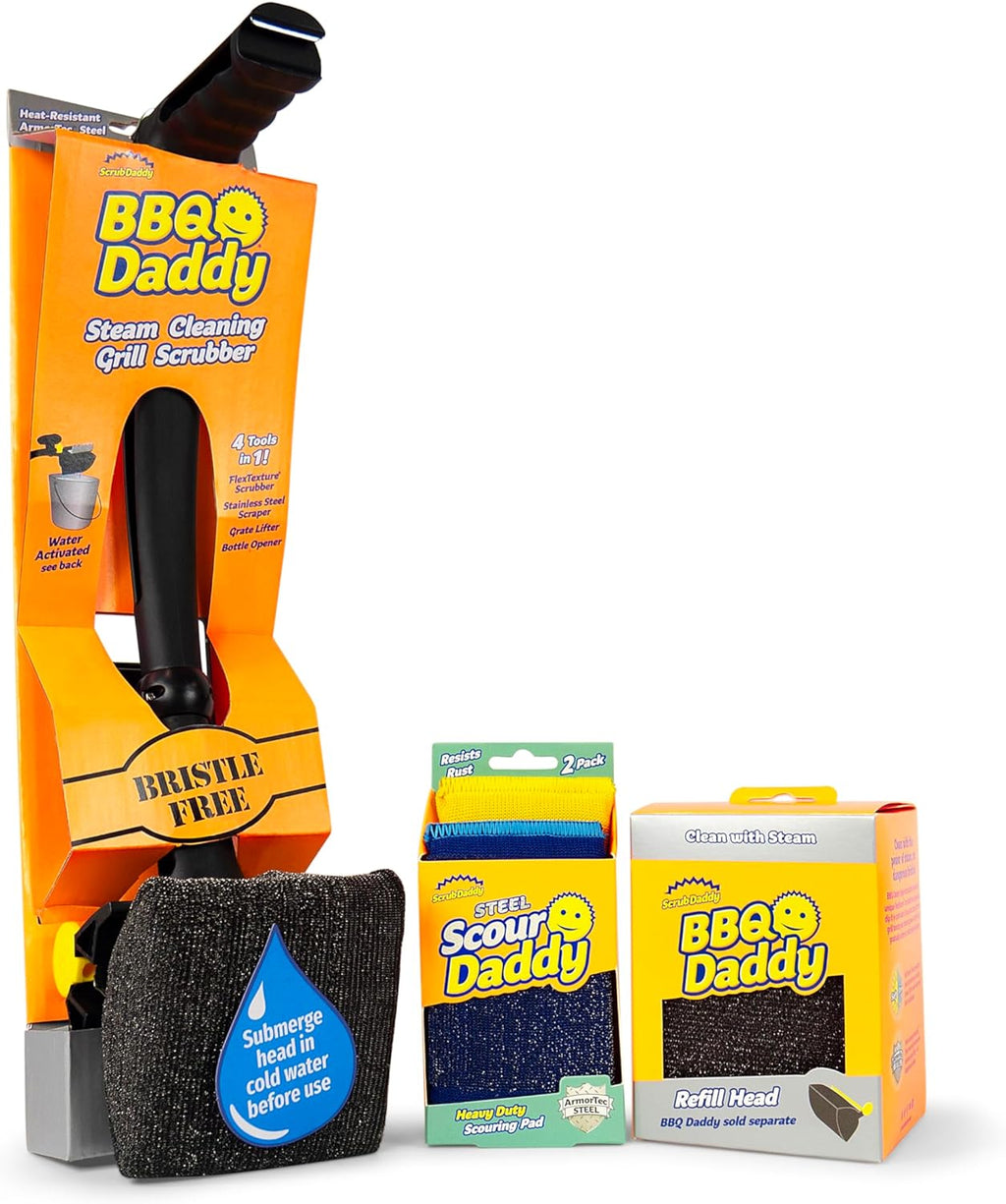 Scrub Daddy BBQ Daddy Grill Cleaner Kit - Bristle-Free Brush & 2 Steel Scour Sponges | Built-In Scraper