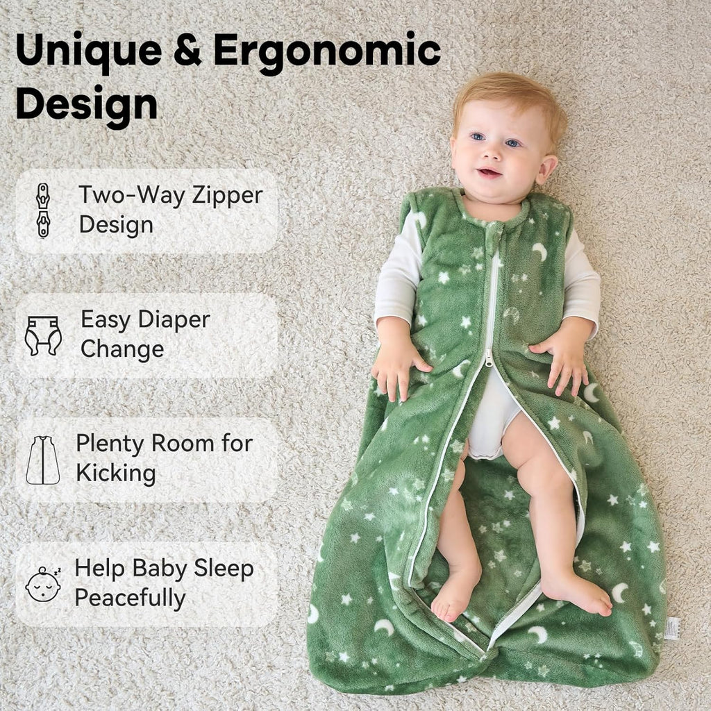 Unnivoll Fleece Baby Sleep Sack - 2.0 Tog Wearable Blanket with 2-Way Zipper | 6-12 Months, Medium Blue Green Planet