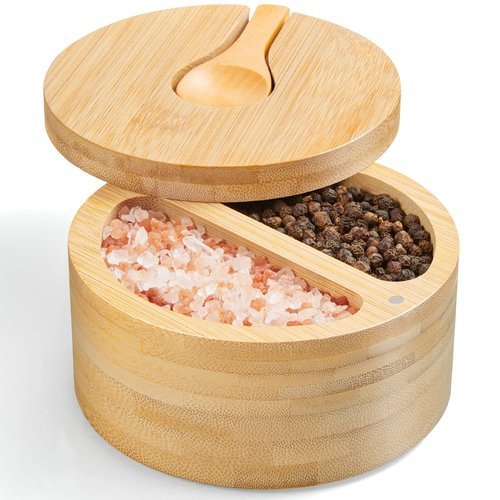 OUTNILI 2-Compartment Salt Box with Lid and Spoon, Bamboo Salt Cellar with Swivel Lid, Salt and Pepper Bowls for Salt & Spices, Dual 6 oz Salt Container