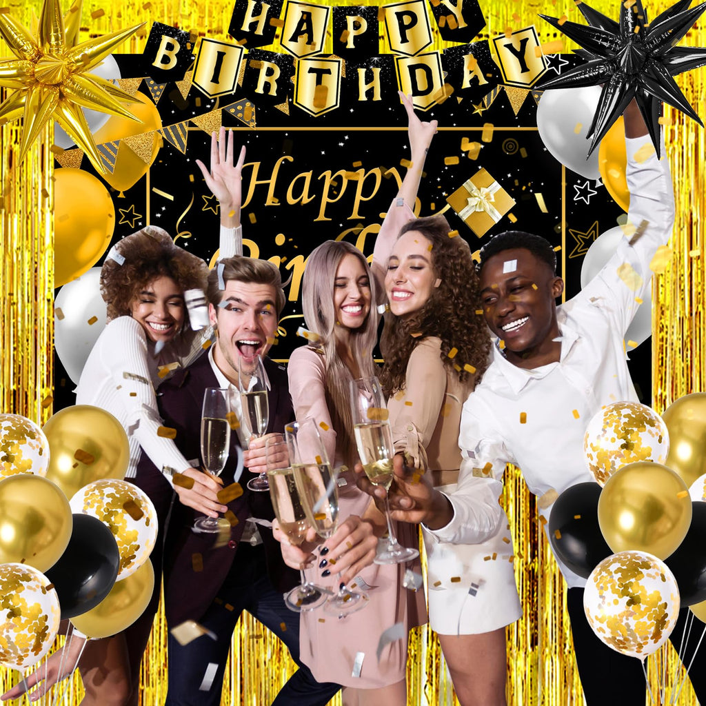 Black and Gold Birthday Decorations for Men Women, Black Gold Party Decorations Kit with Happy Birthday Banner Backdrop Tablecloth Foil Curtains Balloons Arch, Happy Bday Party Supplies for Him