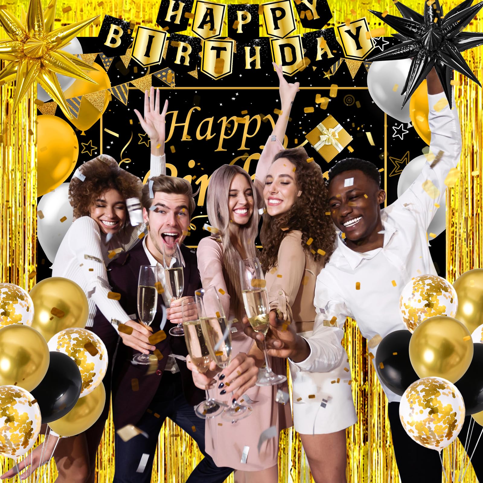 Black and Gold Birthday Decorations for Men Women, Black Gold Party Decorations Kit with Happy Birthday Banner Backdrop Tablecloth Foil Curtains Balloons Arch, Happy Bday Party Supplies for Him