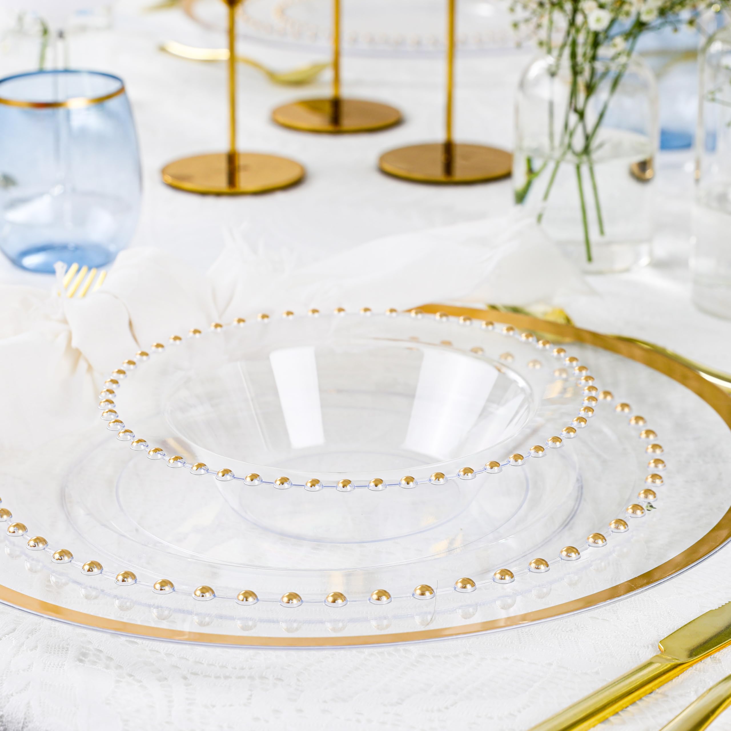 PLASTICPRO 32 Piece Combo Plastic Dinner Plates Disposable Plastic Fancy Heavy Duty Party Dishes 7 inch and 10 inch, Clear and Gold Beaded