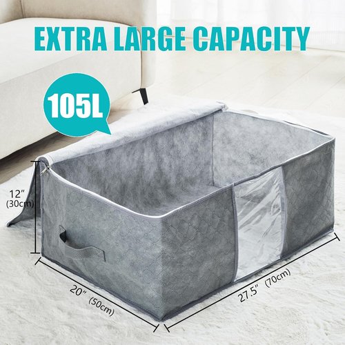 105L Extra Large Storage Bags - Organize Blankets, Bedding & Clothes | 4 Handles & Clear Window (Grey, 3-Pack)