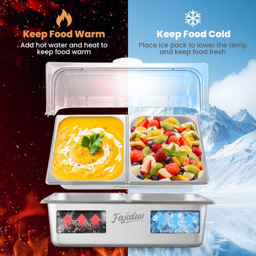 Countertop Ice Food Serving Display Container, Spice Display Salad Dressing Cooler, Stainless Steel Food Serving Tray Buffet Condiment Dispenser with Clear Roll Top Cover, Clamps, Spoons, Ice Packs