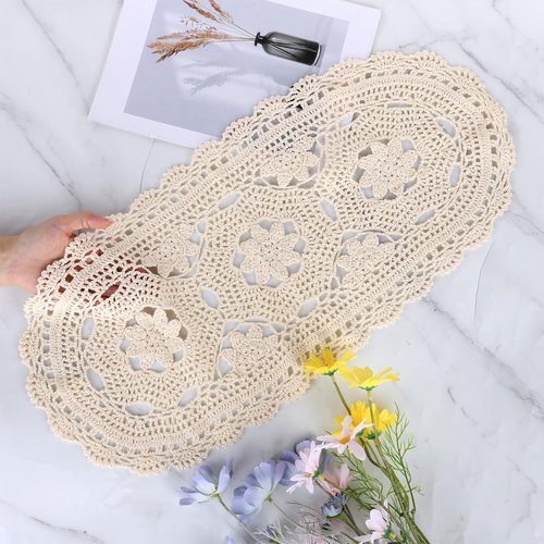 Oval Lace Table Runner Cotton Crochet Lace Table Runner Doilies Floral Tables Scarf Furniture Cloth Cover Handmade Tables Dresser Scarf Décor Crochet Placemats (Beige Oval, 12x24 Inch)